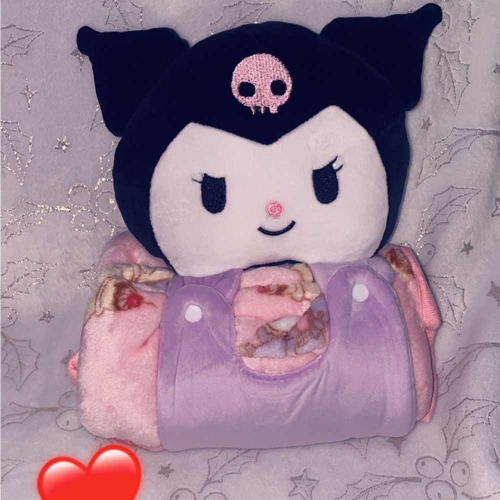 Sanrio Kuromi Plush Head with Pink & Lavender Baby Travel Blanket